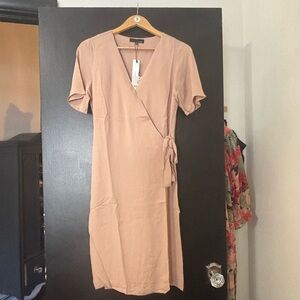 Chic Beige Wrap Midi Dress